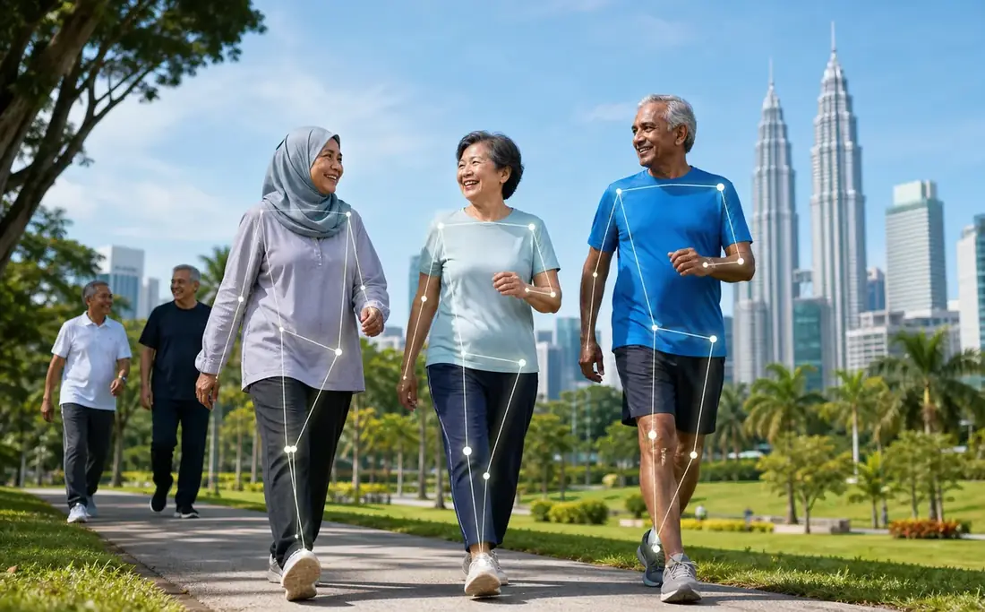 Seniors walking together outdoors with Kuala Lumpur skyline in the background.