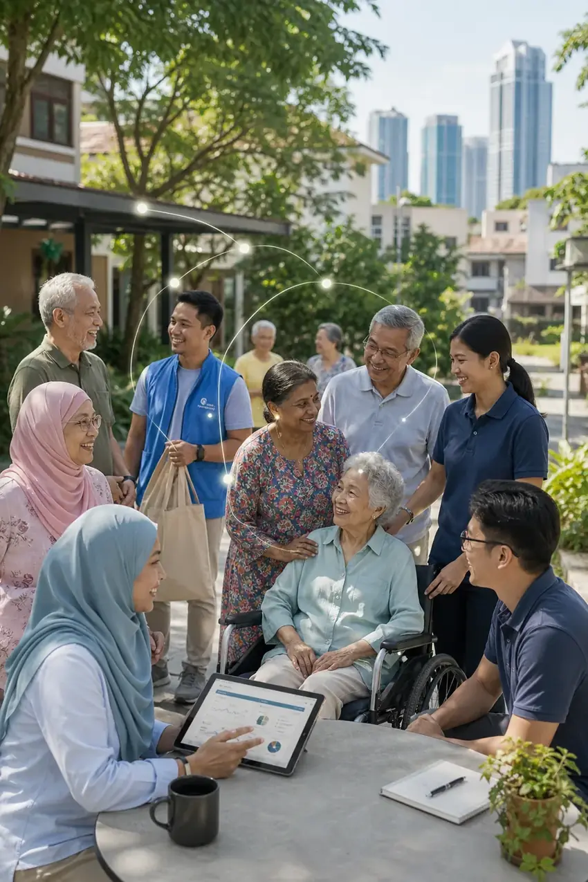 Seniors and support teams connecting in an outdoor community setting.