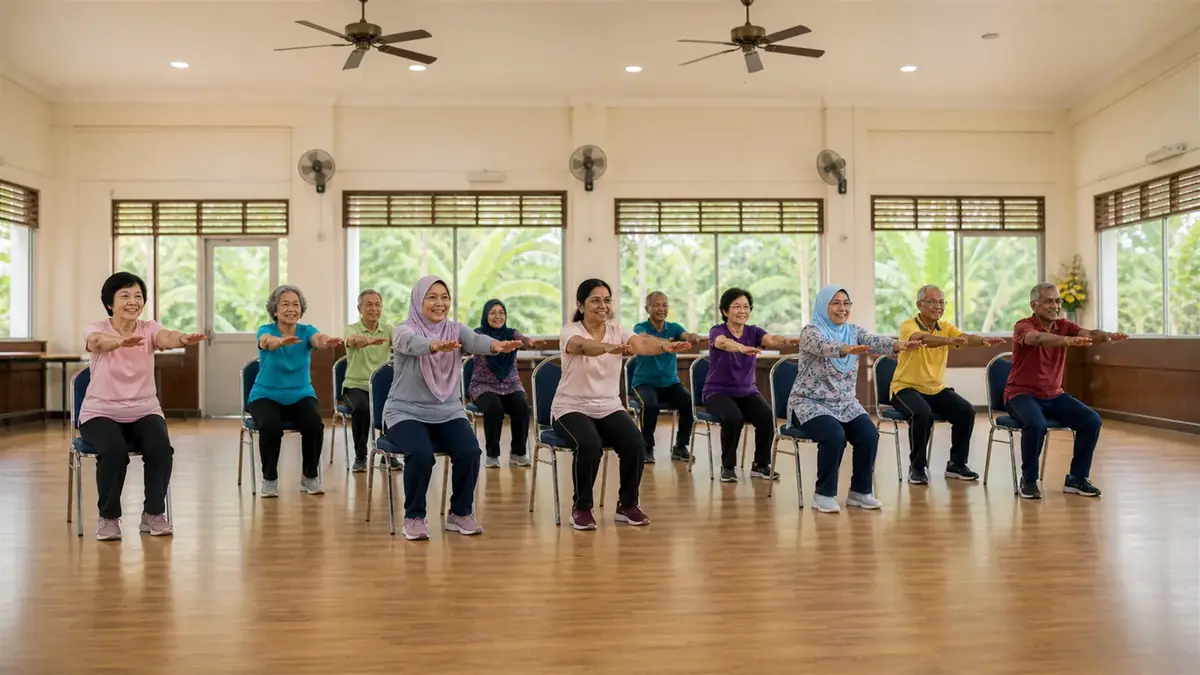 Multi-ethnic Malaysian seniors joining a seated chair aerobic activity in a community setting.