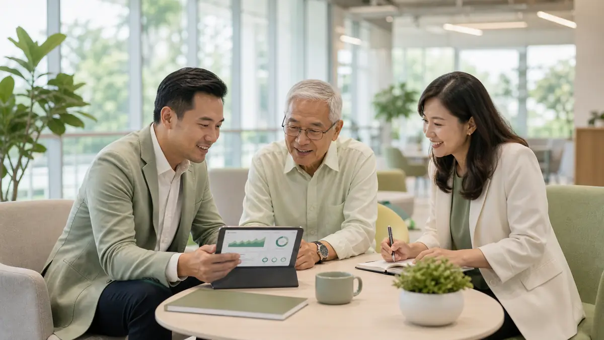 Professional business partners reviewing senior-inclusive technology with a senior representative in a clean workspace.