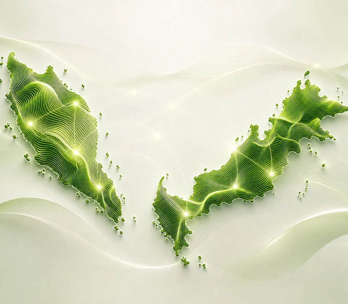 Centered Malaysia map formed from green abstract contour lines and luminous connection points.