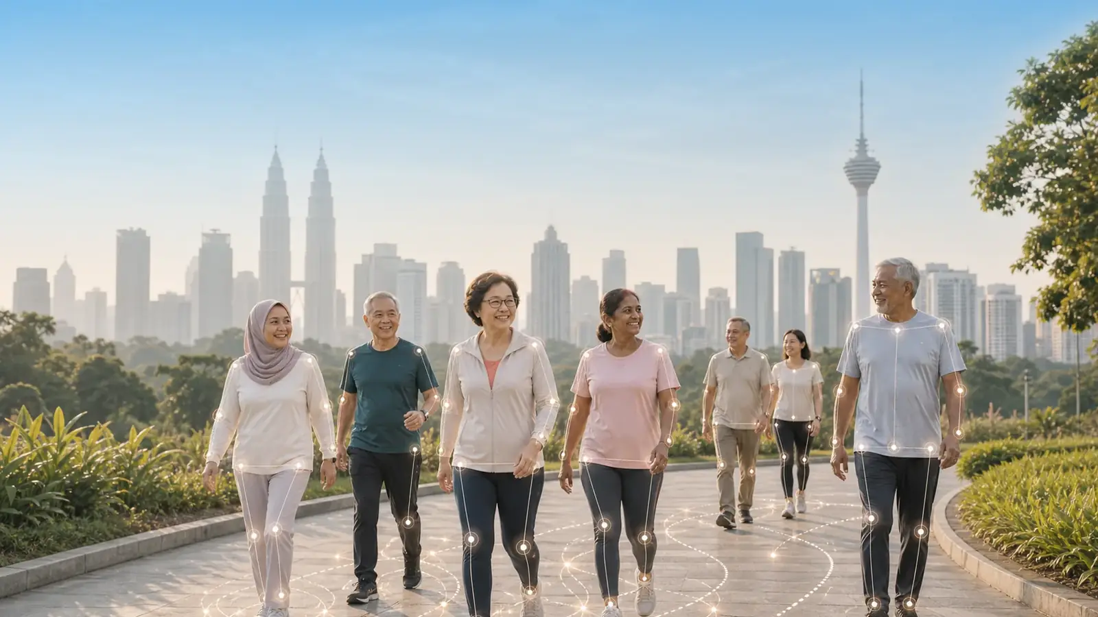 A community group of older adults walking together outdoors.